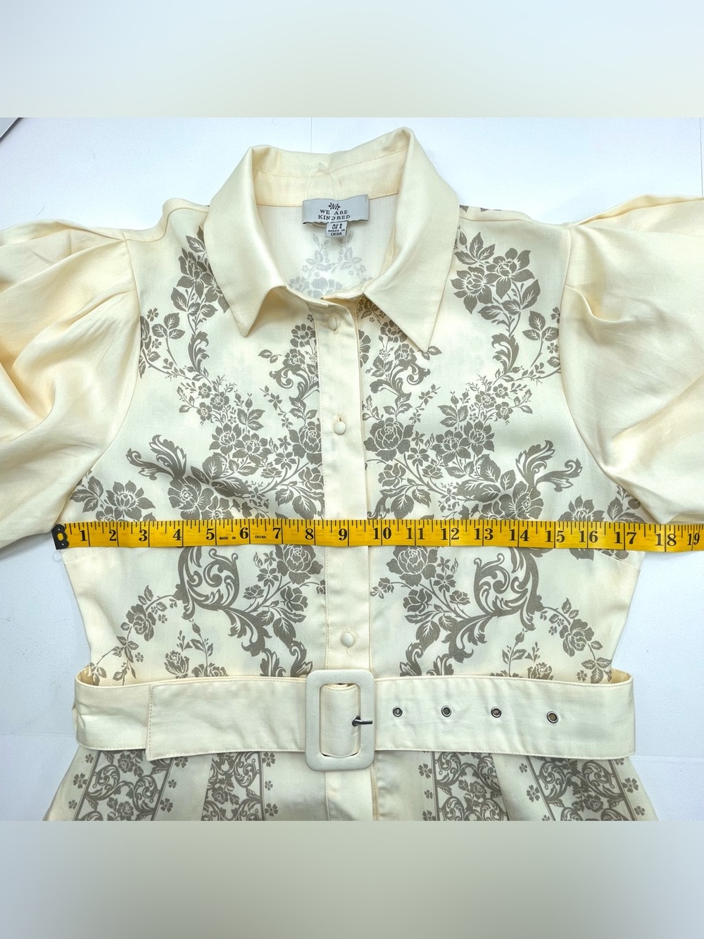 WE ARE KINDRED Knee Length Shirt Dress Ivory Tan Floral Balloon Sleeve Size 4 - Picture 6 of 9